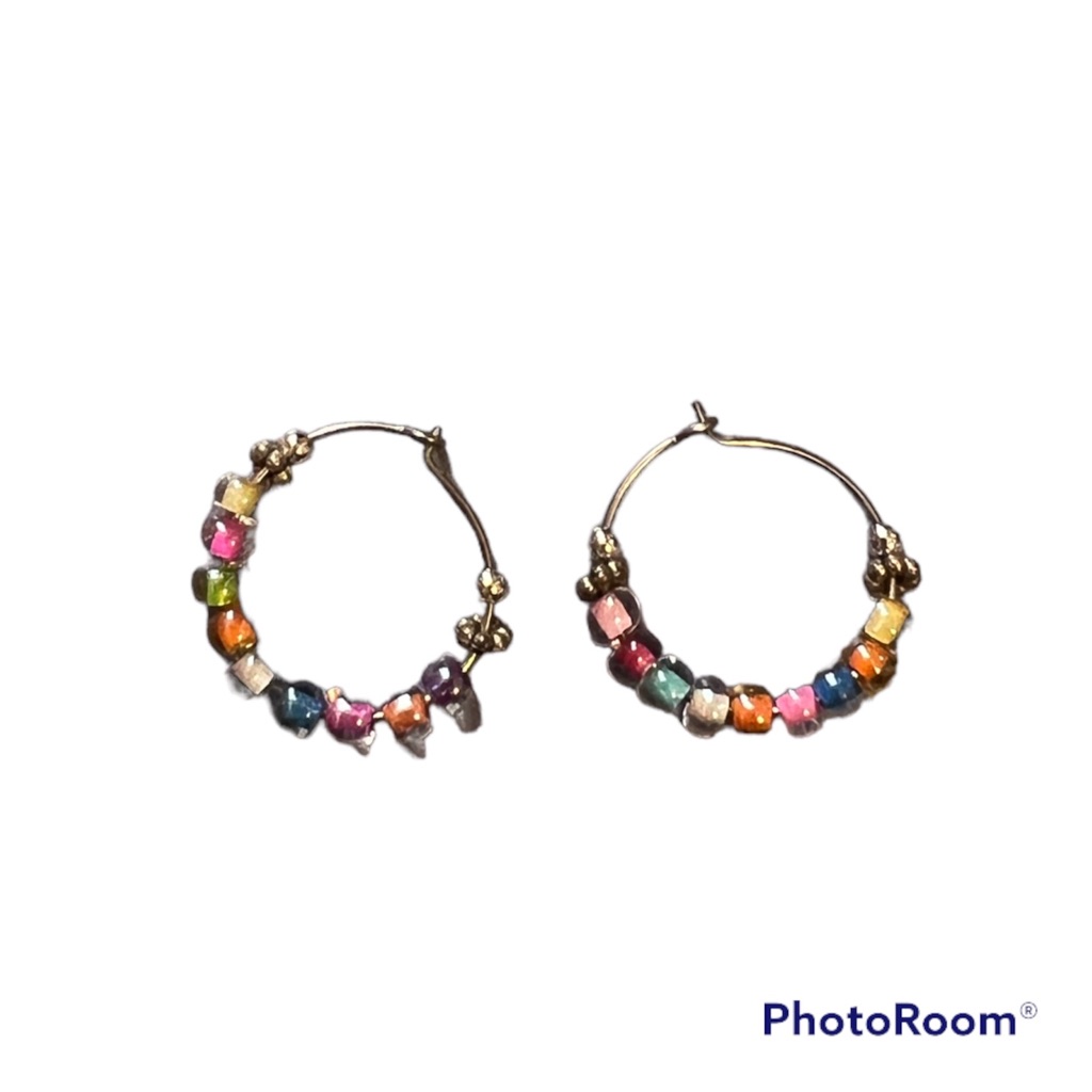 Girls Small Multicolor Beaded Silver Hoops Preowned